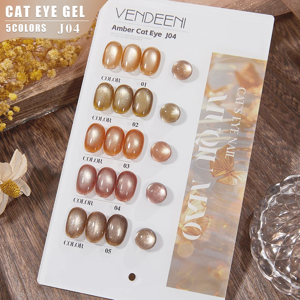Vendeeni 5 Colors/Set Crystal Cat Eye Gel Nail Polish Semi Permanent Sparkling Magnetic UV LED Soak Off Gel Varnish With Display