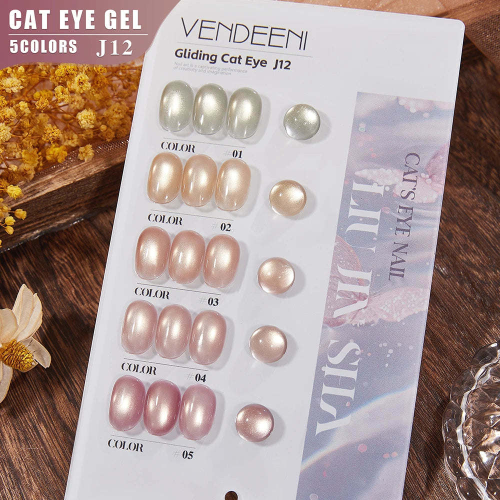 Vendeeni 5 Colors/Set Crystal Cat Eye Gel Nail Polish Semi Permanent Sparkling Magnetic UV LED Soak Off Gel Varnish With Display