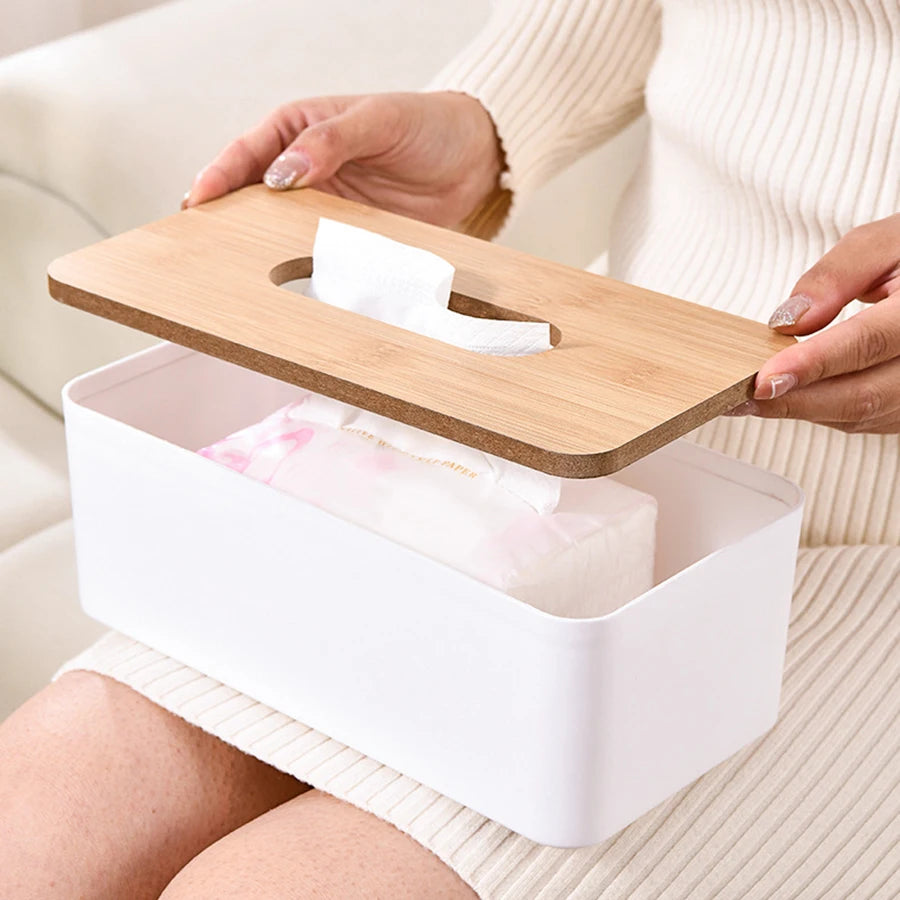 24.5x13cm Rectangular Imitation Wood Tissue Box Detachable Plastic Tissue Holder Dispenser for Bathroom Living Room Office