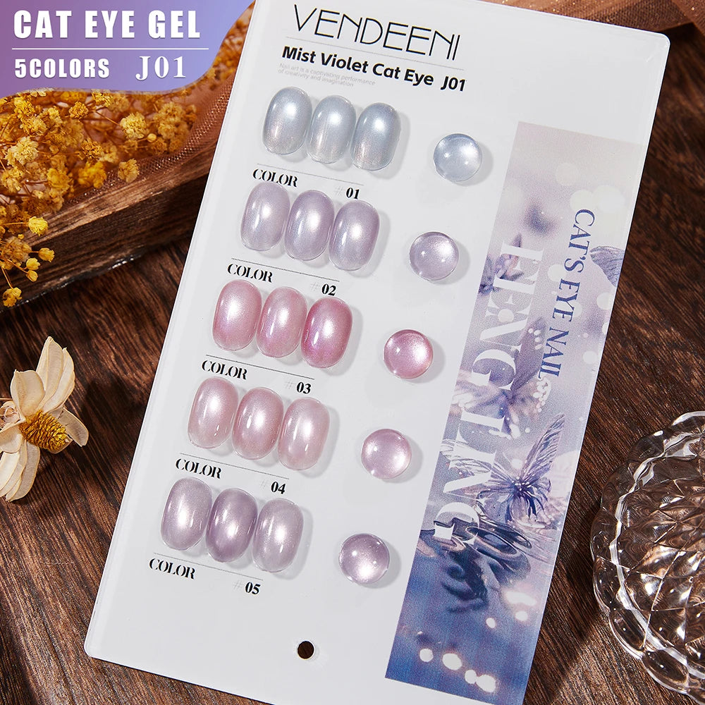 Vendeeni 5 Colors/Set Crystal Cat Eye Gel Nail Polish Semi Permanent Sparkling Magnetic UV LED Soak Off Gel Varnish With Display