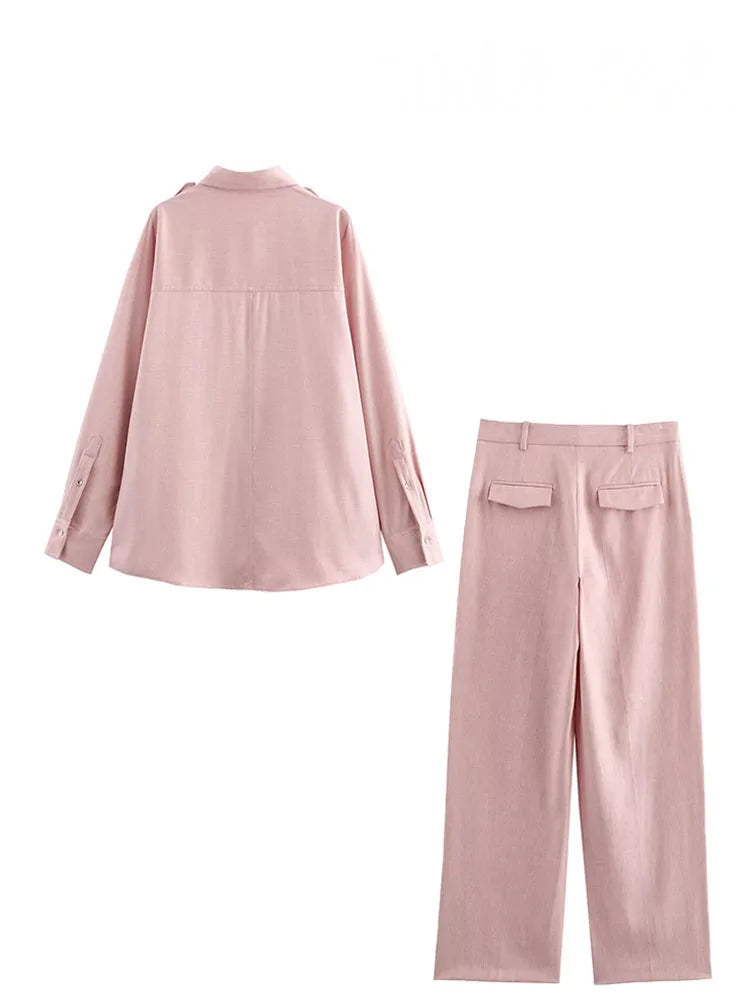 HH Women's Fashion Suit Pink Turn-Down Collar Long Sleeve Single Breasted Shirts+High Waist Long Pants Female Spring Sets