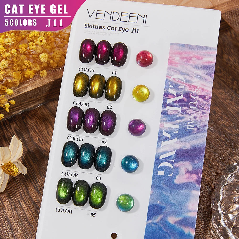 Vendeeni 5 Colors/Set Crystal Cat Eye Gel Nail Polish Semi Permanent Sparkling Magnetic UV LED Soak Off Gel Varnish With Display