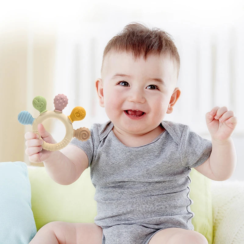 New hand multicolor Silicone Baby Ring Teether Anxiety Teething Toys 0-12 Months Chew Beads Sensory Gum Relief Soother Baby