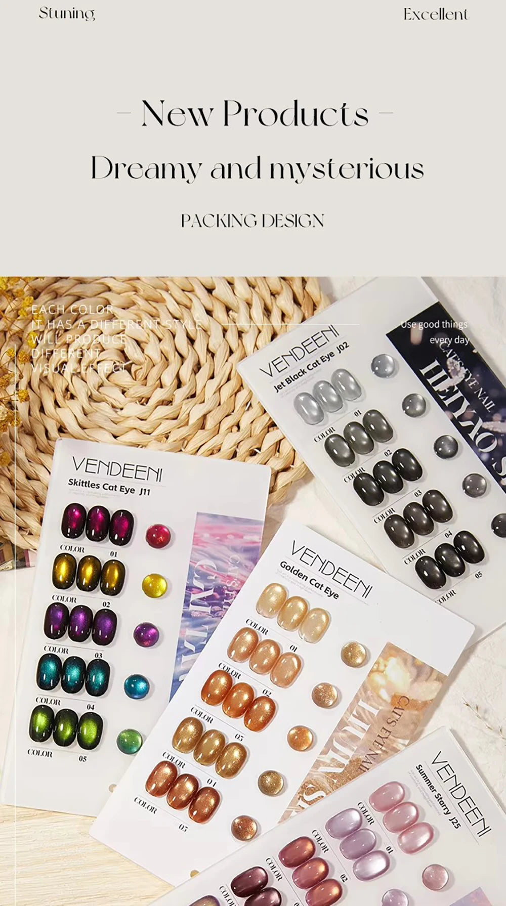 Vendeeni 5 Colors/Set Crystal Cat Eye Gel Nail Polish Semi Permanent Sparkling Magnetic UV LED Soak Off Gel Varnish With Display