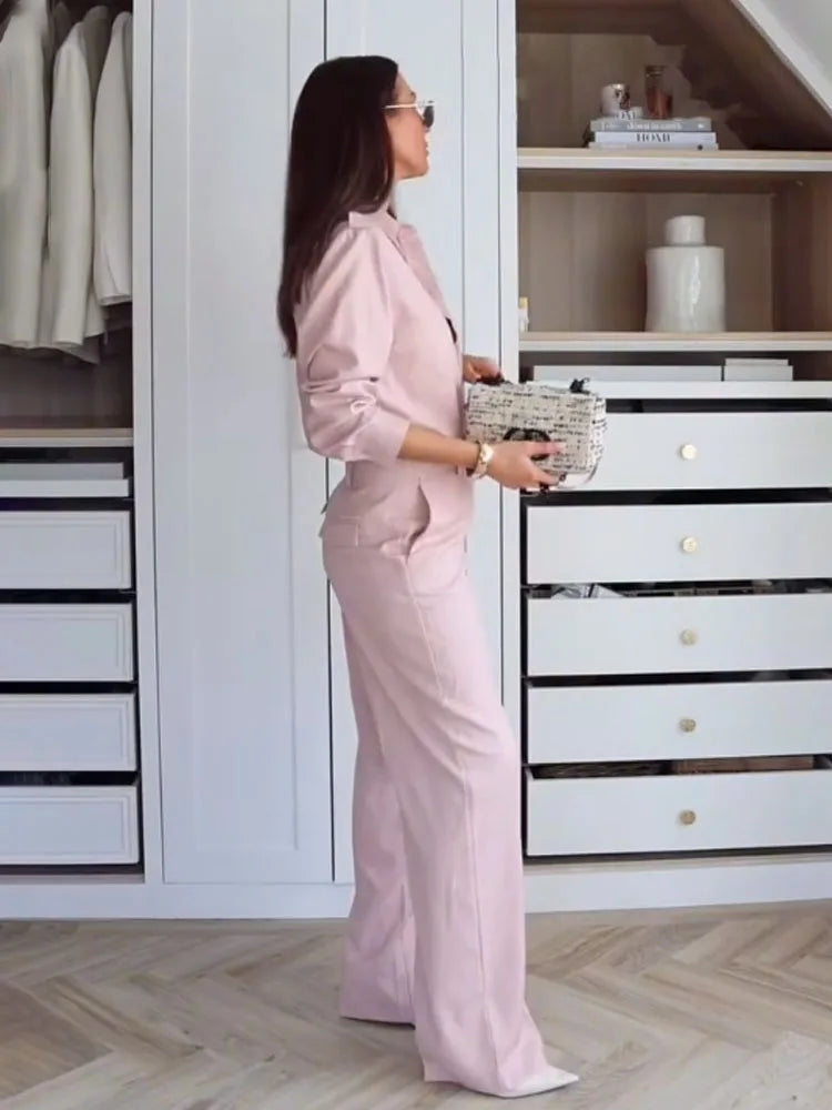 HH Women's Fashion Suit Pink Turn-Down Collar Long Sleeve Single Breasted Shirts+High Waist Long Pants Female Spring Sets