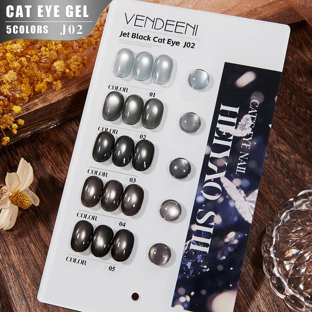 Vendeeni 5 Colors/Set Crystal Cat Eye Gel Nail Polish Semi Permanent Sparkling Magnetic UV LED Soak Off Gel Varnish With Display