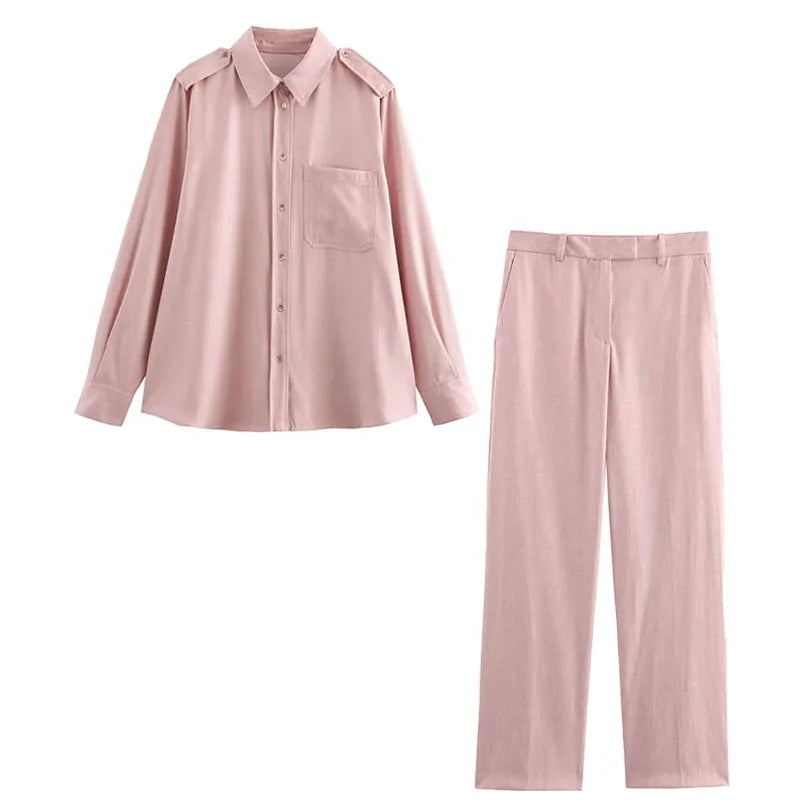 HH Women's Fashion Suit Pink Turn-Down Collar Long Sleeve Single Breasted Shirts+High Waist Long Pants Female Spring Sets