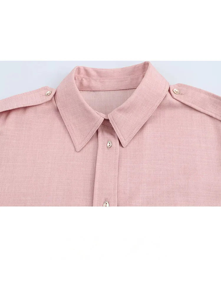 HH Women's Fashion Suit Pink Turn-Down Collar Long Sleeve Single Breasted Shirts+High Waist Long Pants Female Spring Sets