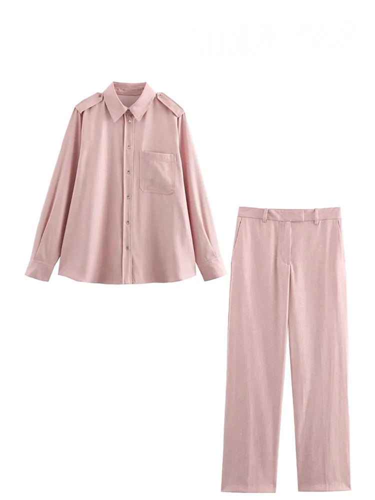 HH Women's Fashion Suit Pink Turn-Down Collar Long Sleeve Single Breasted Shirts+High Waist Long Pants Female Spring Sets