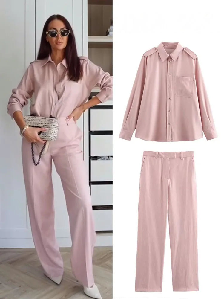 HH Women's Fashion Suit Pink Turn-Down Collar Long Sleeve Single Breasted Shirts+High Waist Long Pants Female Spring Sets