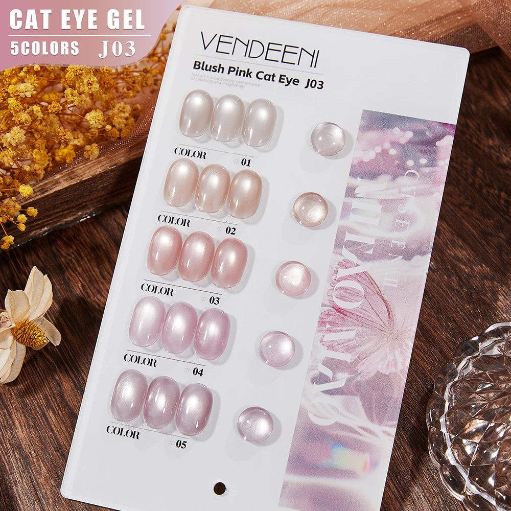 Vendeeni 5 Colors/Set Crystal Cat Eye Gel Nail Polish Semi Permanent Sparkling Magnetic UV LED Soak Off Gel Varnish With Display
