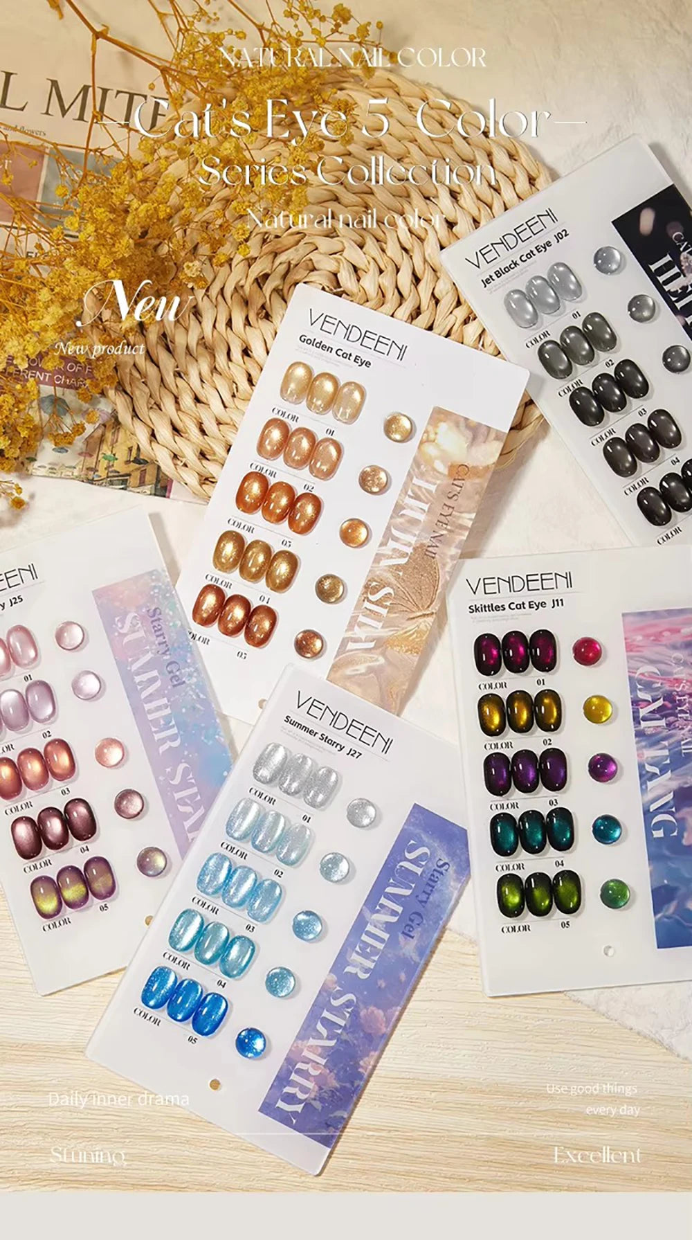 Vendeeni 5 Colors/Set Crystal Cat Eye Gel Nail Polish Semi Permanent Sparkling Magnetic UV LED Soak Off Gel Varnish With Display